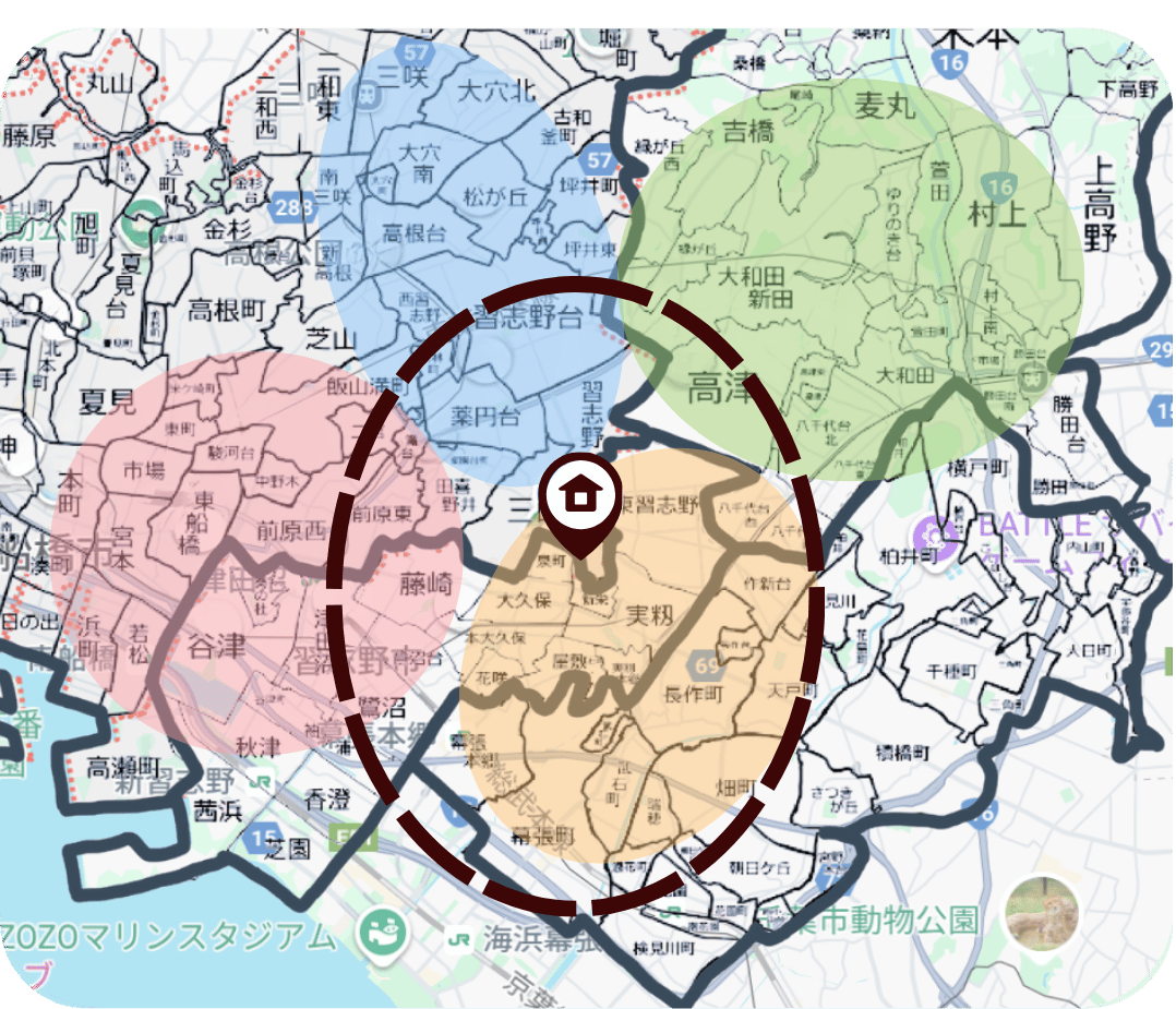 フラクタル訪問看護 船橋 訪問エリアマップ - 船橋市・習志野市・八千代市・千葉市花見川区・稲毛区